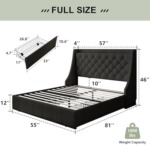 Feonase Upholstered Full Size Bed Frame with 4 Storage Drawers, Large Wingback Storage Headboard, No Box Spring Needed, Black