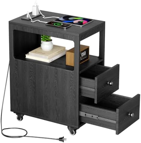 Narrow End Table with Charging Station and Wheels, Movable Narrow Sofa Side Table with USB Ports and Outlets for Small Space, Living Room, Bedroom and Office, Bedside with 4 Wheels (Black)