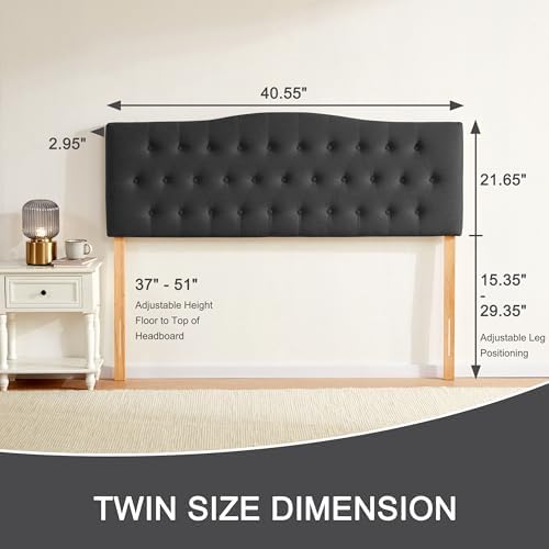 Tufted Headboard Twin Size, Solid Wood Adjustable Height Head Board, Black