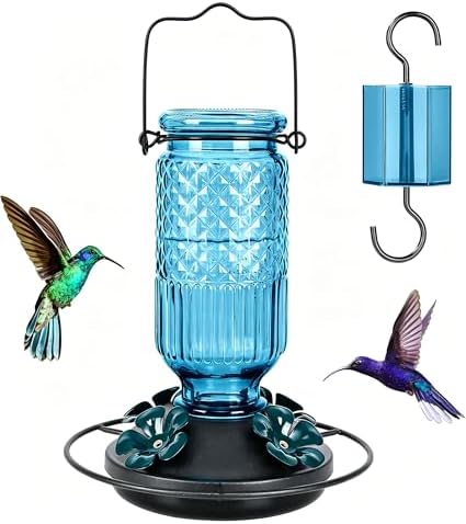 FEED GARDEN Glass Hummingbird Feeder for Outdoors Hanging, 16 OZ Humming Birds Feeders with 4 Bee Guard Feeding Ports & Built-in Ant Moat, Hummingbird Gifts for Mom, Bird Feeder for Outside, Blue