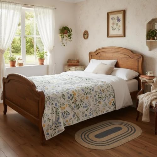 Spring Floral Throw - Blue & Yellow Watercolor Floral Blanket for Couch Sofa Camping, Farmhouse Cottagecore Flowers Bedding Decor, Soft Warm Flannel Throw for Women Girls, 50X60