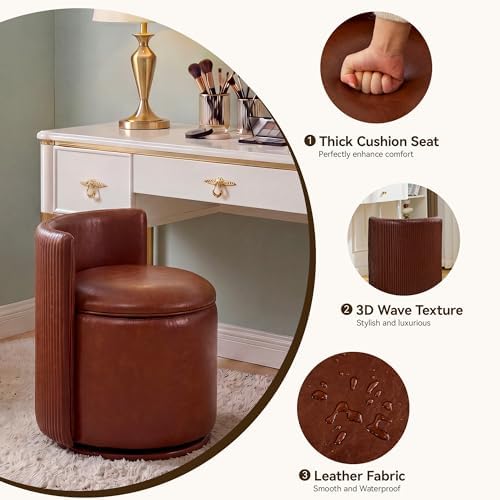 HUBSON Vanity Chair with Storage, Waterproof Leather Swivel Chairs with Back, Modern Round Accent Makeup Chair, No Assembly Vanity Stool for Living Room, Bedroom, Dressing, Brown Leather