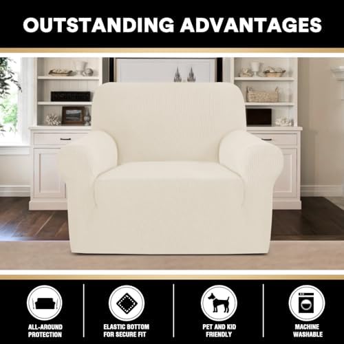 PrinceDeco Stretch Armchair Covers for Chairs Slipcovers for Living Room Couch Covers for Chair Protectors Cover for Dogs/Pets/Kids, Feature Checks Pattern Jacquard Bouncy, Thick and Soft, Cream