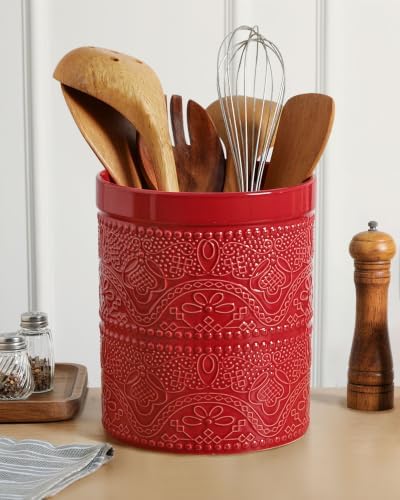 FUN ELEMENTS Kitchen Utensil Holder, 7.2" Super Large Utensil Crock Heavy and Stable Lace Emboss Ceramic Utensil Holder for Kitchen Counter (Christmas Red)