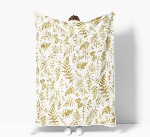 JAWO Floral Throw Blanket, Gold White Flower Throws Wildflowers Botanical Plant Printed All Seasons, Vintage Yellow Butterfly Flannel Blanket for Bedding Sofa Travel Couch Chair Sofa Home Decor,60x90
