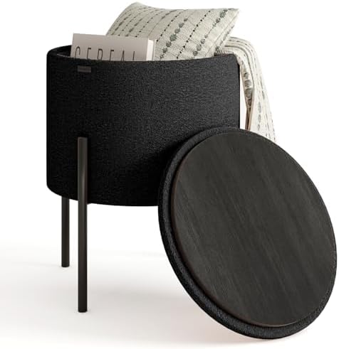 Round Ottoman with Storage, Boucle Storage Foot Stool, Makeup Vanity Stool, Small Ottoman Foot Rest, Modern Ottomans for Living Room and Bedroom, Black
