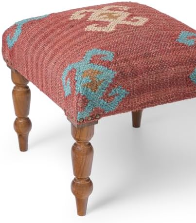 Handmade Jute Ottoman Stool with Wooden Legs | Square Upholstered Foot Rest & Accent Seating | Woven Vanity Stool for Living Room, Bedroom, Hall, Entryway & Home Décor (Red)