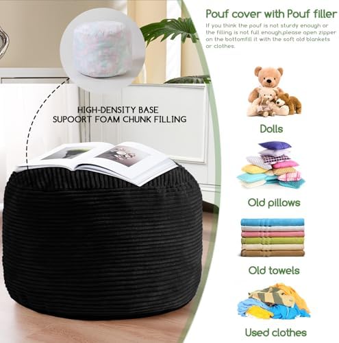 HIGOGOGO Round Stuffed Pouf Ottoman, Corduroy Poufs with Foam Chunk Filling, Furry and Fluffy Pouf Foot Stool Storage Ottoman, 26 X 18 Floor Poufs Foot Rest for Living Room, Black