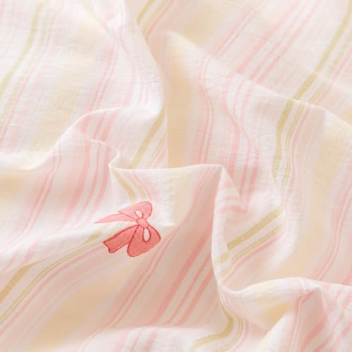 Cute Rainbow Stripes Bowknot Duvet Cover Pink Ruffle Princess Chic Bow Printed Textured Seersucker Comforter Cover Set for Girls Kids Teens Queen 3Pcs