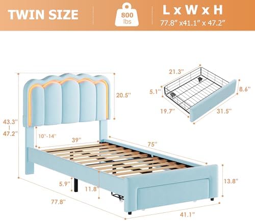 Twin Upholstered LED Bed Frame with Storage Drawer and Adjustable Chic Double Wavy Headboard, Velvet Princess Platform Bed for Kids/Girls, Solid Wood Slats Support, No Box Spring Needed, Blue