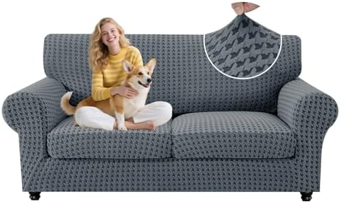 MAXIJIN 3 Pieces Stretch Couch Covers for 2 Cushion Couch Washable Sofa Cover with 2 Extra Large Seat Soft Loveseat Sofa Slipcovers with Non Slip Strap (Dark Gray), 71"-91"(2 XL Cushions)