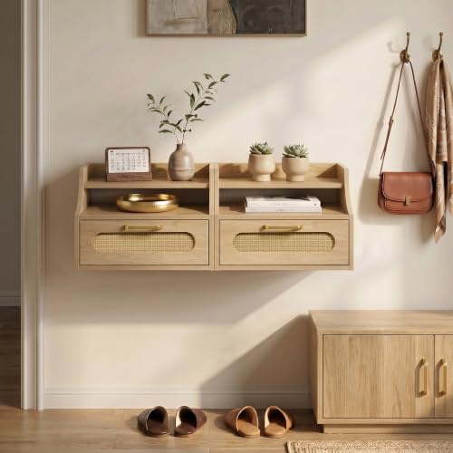 Afuly Floating Nightstand Set of 2 with Drawer, Oak Ratten Bedside Table