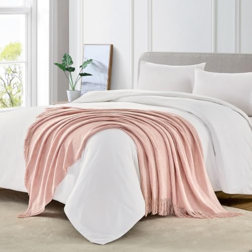 BOURINA Pink Throw Blanket 50x60 Inches Throw Textured Solid Soft Ripple Throws and Blankets for Sofa or Bed Knitted Decorative Throw