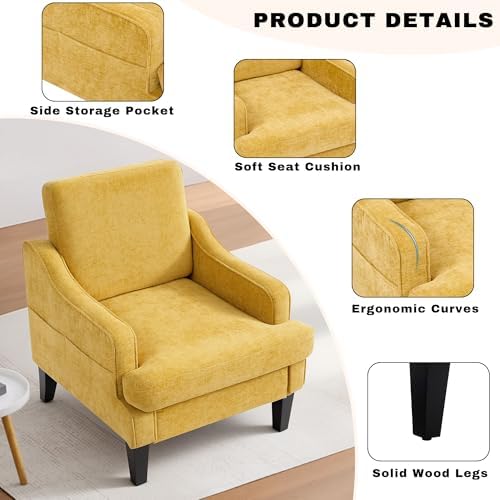 Accent Chair for Living Room,Mid-Century Arm Chair Chenille Fabric Living Room Chairs,Upholstered Reading Chair for Bedroom,Single Sofa Chair with Wood Legs for Apartment (Yellow)