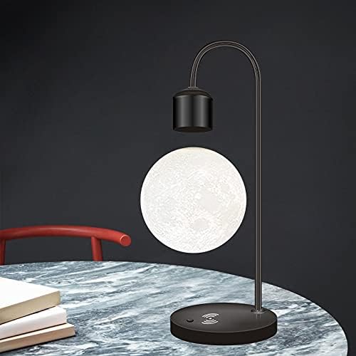 Unique Modern Levitating Lamp with Floating Light and Built-in Qi Wireless Charger, Simplistic and Innovative Design, Warm Decorative Night Light (Black Moon)