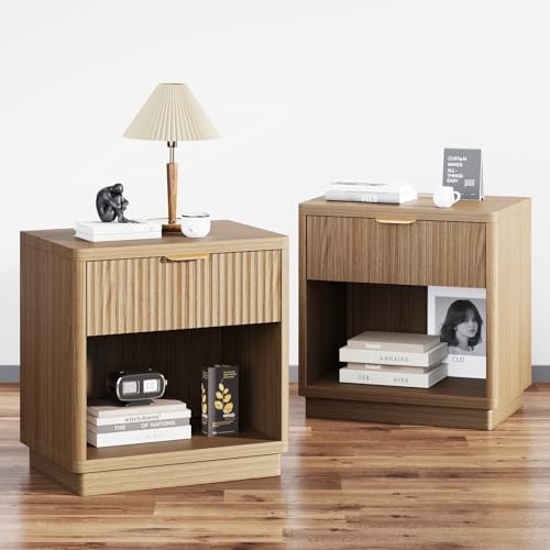 Fluted Nightstand Set of 2 with Charging Station,Drawer&Open Shelf,Natural