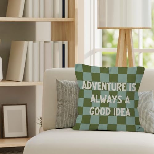 Adventure Nursery Throw Pillow Cover 18x18, Green Checkered Boy Nursery Decorative Pillow Covers for Kids Toddler Little Boys Room Bedroom Playroom, Playroom Accent Pillows Cover Pillowcases