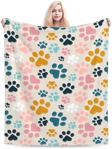 Colorful Dog Animals Paws Fleece Throw Blanket Ultra Soft Cozy Pet Animal Lover Gift Decorative Flannel Blanket for Home Bed Couch Chair Travel 50x40in