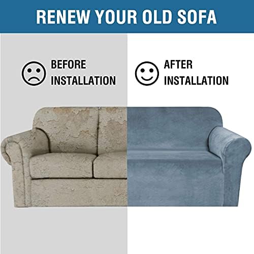 H.VERSAILTEX Stretch Velvet Loveseat Covers for 2 Cushion Couch Covers for Living Room Sofa Covers Slipcovers with Non Slip Straps Bottom, Ultra Thick Comfy Velour (Width 58"-72", Stormy Blue)