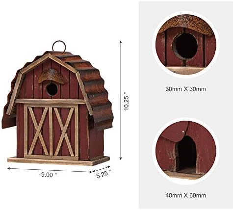glitzhome 10.2" H Rustic Bird House Outdoor Garden Red Barn Patio Garden Decorative Handmade Distressed Solid Wood Birdhouse