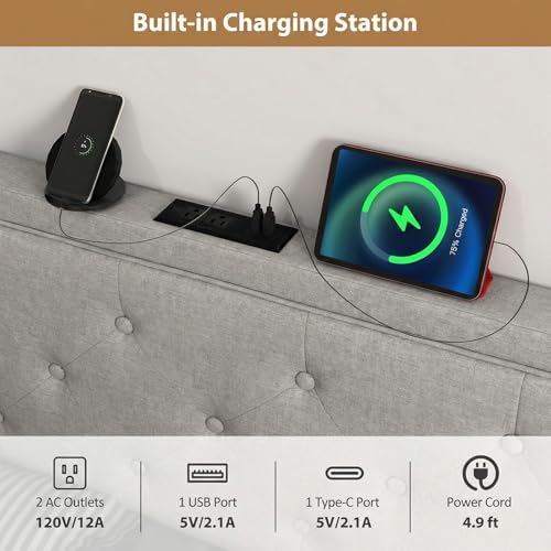 GIANTEX Headboard with Charging Station, Queen/Full Size Diamond Tufted Upholstered Head Board w/2 AC Outlets, USB & Type-C Ports, Rubber Wood Legs, Width Adjustable Modern Bed Headboard Only (Grey)