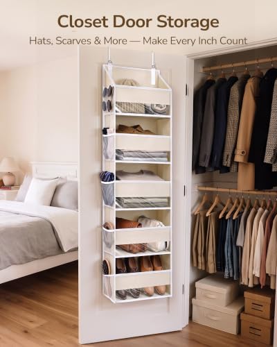 ULG 1-Pack Over Door Organizer with 5 Large Pockets 10 Mesh Side Pockets, 44 lbs Weight Capacity Hanging Storage Organizer with Clear Window for Bedroom Bathroom Kitchen, RV, Camper, Beige