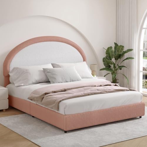 REVOMINCA Upholstered Platform Bed Frame, Boucle Queen Bed Frame with Headboard, White Bed Frame, Soft Rounded Corners, No Box Spring Required, Easy Assembly, Dusty Rose&White