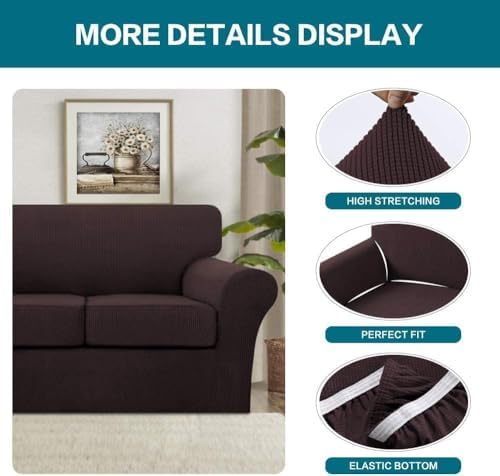 Turquoize 4 Piece Sofa Covers for 3 Cushion Couch Sofa Slipcover Soft Couch Cover for Dogs Washable Furniture Cover with 3 Individual Large Cushion Covers Feature Fabric (Large Sofa, Brown)