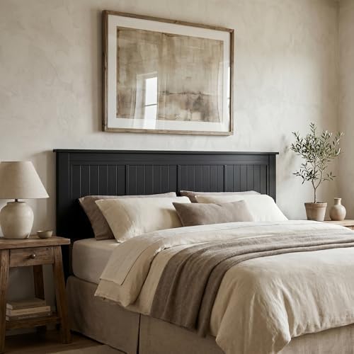 ComfIQ Serene Wood Panel Headboard with Window-Pane Design, King, Black