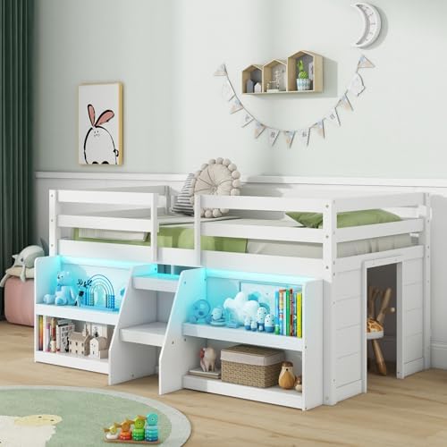 GIANTEX Twin Loft Bed with LED Lights, Wooden Loft Bed Twin Size with Stairs & Safety Guardrail, Low Loft Bed for Kids with Storage Bookcase and Under-Bed Play Space, White