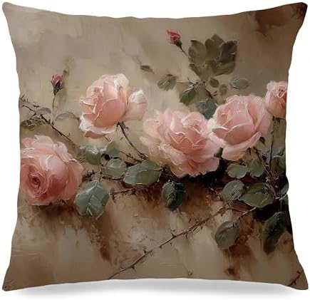 Vintage Moody Pink Rose Floral Pillow Cover 18x18 Double-Sided, French Country Farmhouse Pink Flower Throw Pillow Cover Case for Home Bedroom Living Room