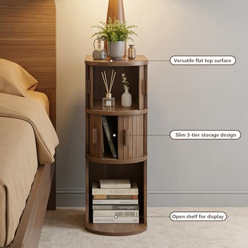 Narrow Nightstand Set of 2, Wooden Skinny Nightstand with Sliding Doors
