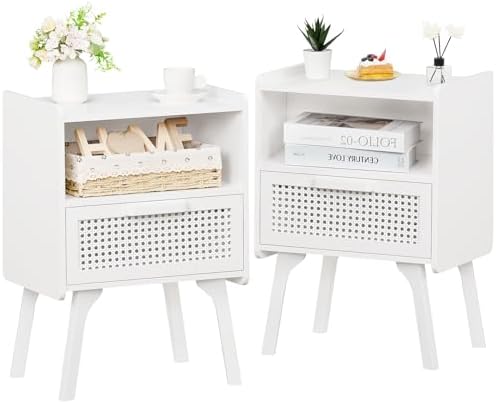 Lerliuo Rattan Nightstands Set of 2, Side Table with Drawer Open Shelf