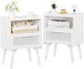 Lerliuo Rattan Nightstands Set of 2, Side Table with Drawer Open Shelf