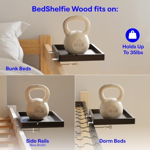 BedShelfie Wood Bedside Shelf for Bunk Bed & Top Bunk, College Dorm Room Essentials, Loft Nightstand, Floating Bed Side Table Tray Storage, Dorm Room Decor By Smallish - (DormEssential Wood, Black)