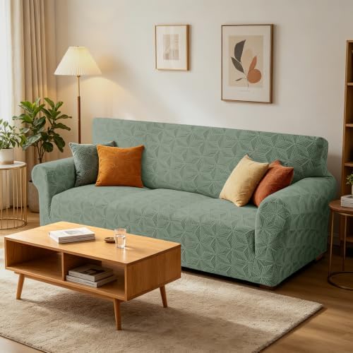 ZNSAYOTX Stretch Couch Cover, 1 Piece Sofa Covers for 3 Cushion Couch, Jacquard Sofa Slipcovers with Elastic Bottom Thickened Furniture Protector for Dog Cat Pet (Large, Army Green)