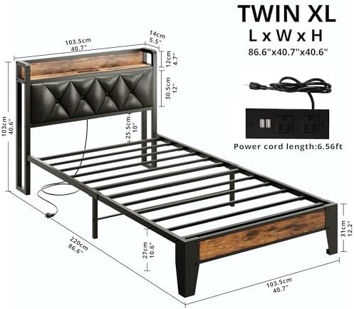 ANCTOR Twin XL Bed Frames, Storage Headboard with Charging Station