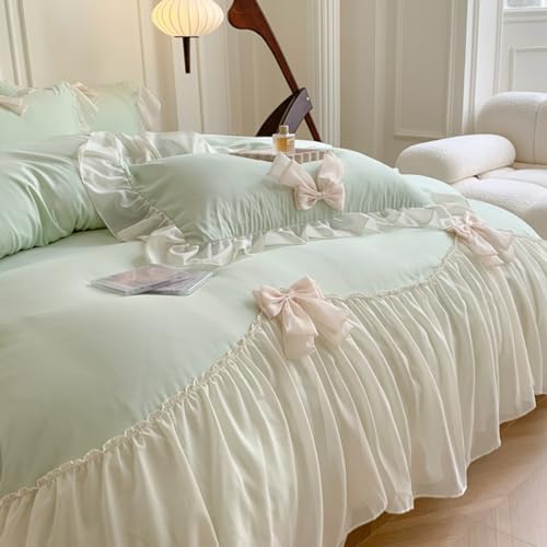 SOUKECHY Girls Lace Bedding, Queen Comforter Cover Set, Chic Ruffled Duvet Cover with Lovely Bow,Princess Style 1 Duvet Cover with 2 Pillowcases, No Comforter-Green,Queen Size