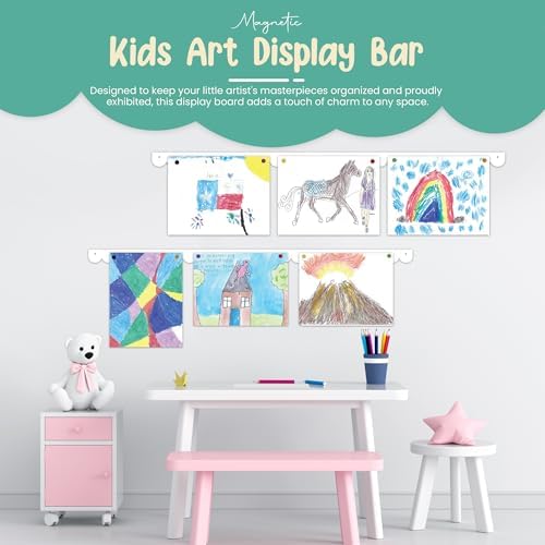 Scalloped Magnetic Art Display for Kids Artwork & Photos (Set of 2) – Kids Artwork Display for Wall – Magnetic Photo Display Strips with Push-Pin Magnets (White, 35in)