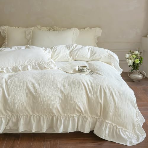 AOJIM French Chic Ruffled Duvet Cover Full Size Beige Wavy Jacquard Bedding Set 3 Pieces, Microfiber Zipper Comforter Cover and 2 Pillowcases Aesthetic Cottagecore Bedding Duvet Cover for All Seasons