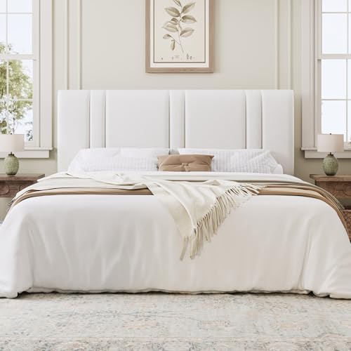 SHA CERLIN King Size Velvet Bed Frame with Adjustable Headboard, White