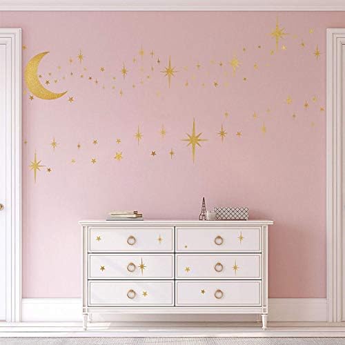 Retro Starburst Wall Decals Stars Wall Sticker Star Moon Vinyl Decal Golden