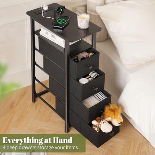 Yoobure Narrow Nightstand with Charging Station, LED Tall Narrow Side Table