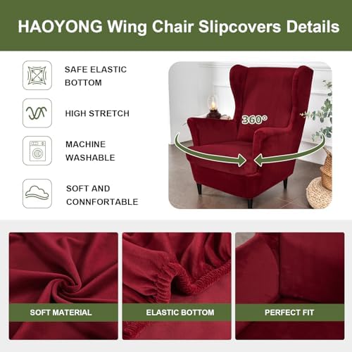 HAOYONG Velvet Wingback Armchair Covers 2-Piece Elastic Stretch Wingback Chair Sofa Slipcover Soft Wingback Chair Slipcover Washable Armchair Protector Cover for Living Room Wedding and Party