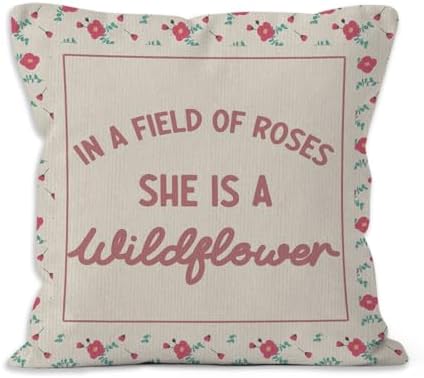 Girl Wildflower Nursery Throw Pillow Cover 18x18, in a Field of Roses She is a Wildflower Decorative Pillow Covers for Kids Girl Nursery Room Bedroom, Floral Accent Pillows Cover Pillowcases
