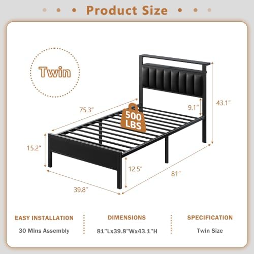 Furnulem Black Twin Bed Frames with PU Upholstered Headboard & LED Lights