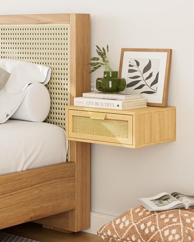 Aienvey Floating Nightstand, Floating Shelf with Drawer, Oak Rattan