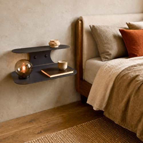 Black Metal Floating Nightstand – Wall Mounted Bedside Shelf for Bedroom, Minimalist Modern Floating Shelf, Powder-Coated Steel Wall Rack (Medium - 15.4")