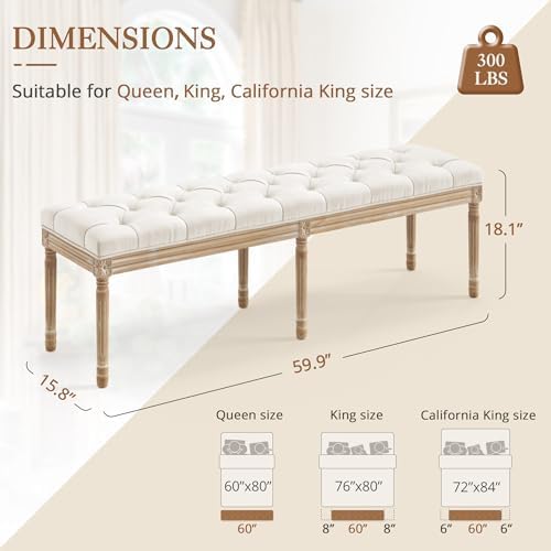 LUE BONA 60" Fabric End of Bed Bench, Upholstered Tufted French Bedroom Bench with Carved Legs for Bedroom End of King Size Bed, Living Room, Beige