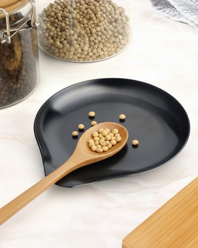 VanlonPro Stainless Steel Spoon Rest, Spatula Ladle Holder, Stainless Steel Utensil Spoon Rest Holder, Brushed Finish, Dishwasher Safe 5.9 x 5.1 Inch (Round Black 1PC)